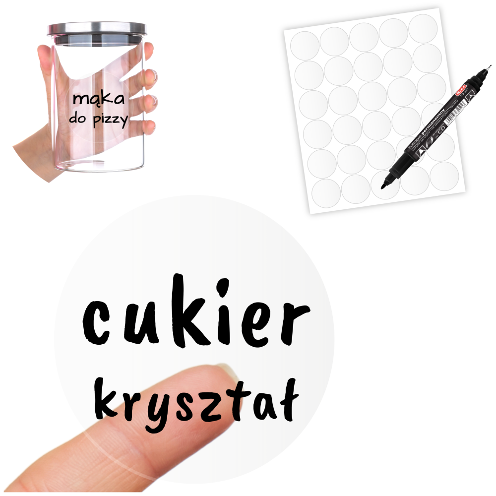 naklejki transparentne puste 6cm 30 sztuk i marker czarny