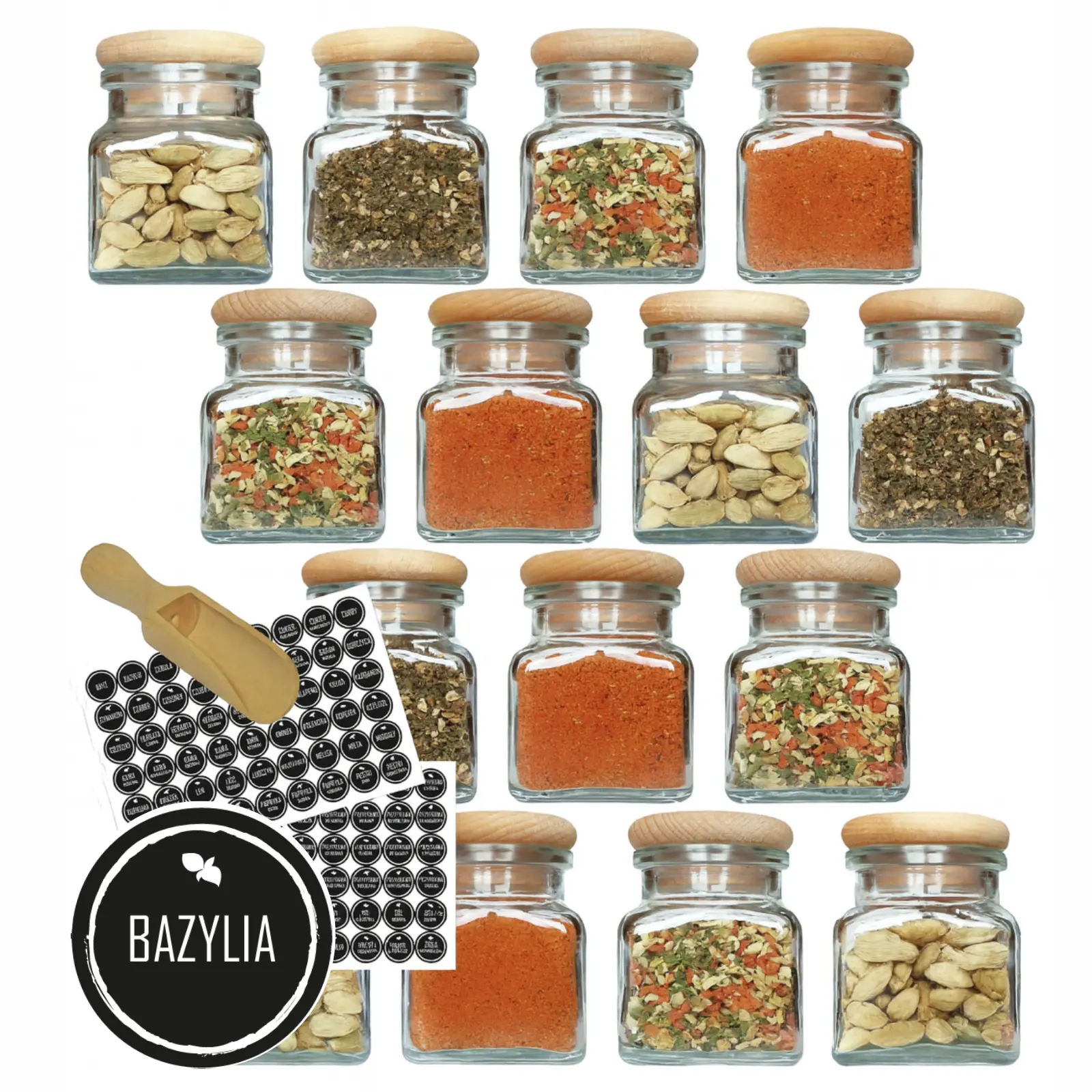 słoiczki na przyprawy 120 ml – zestaw 15 szt. + etykiety + czerpak drewniany